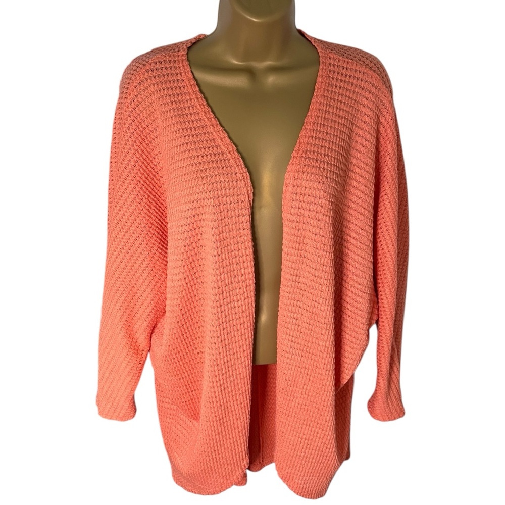 Heimish U.S.A. Cardigan Open Front Waffle Knit Lightweight Coral M